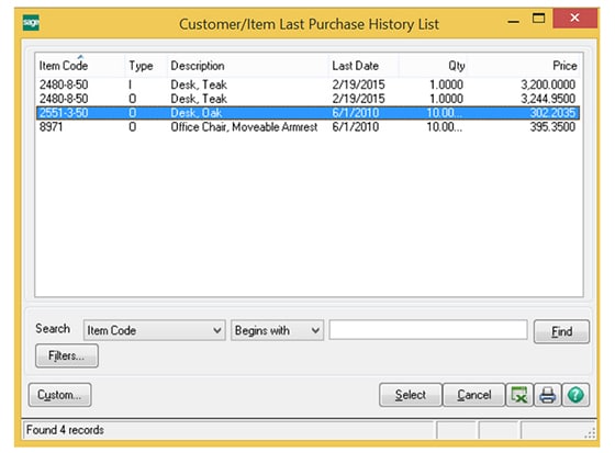 Customer/Item Last Purchase History Panel | MicroAccounting