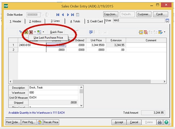 Sales Order Entry Window | MicroAccounting