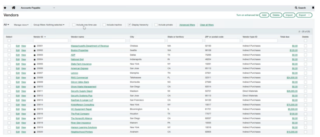Sage Intacct List View Screenshot - MicroAccounting